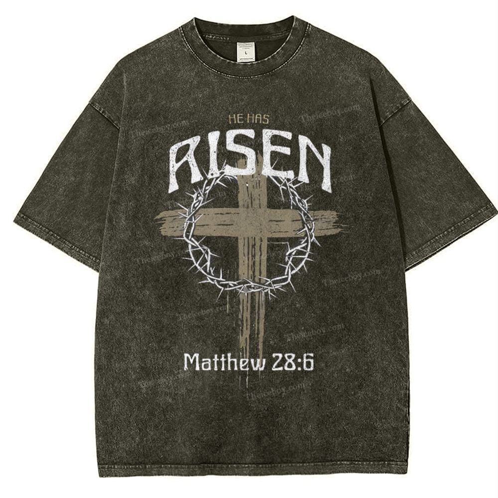 He Has Risen Matthew 28:6 Snowflake Vintage Washed T-Shirt