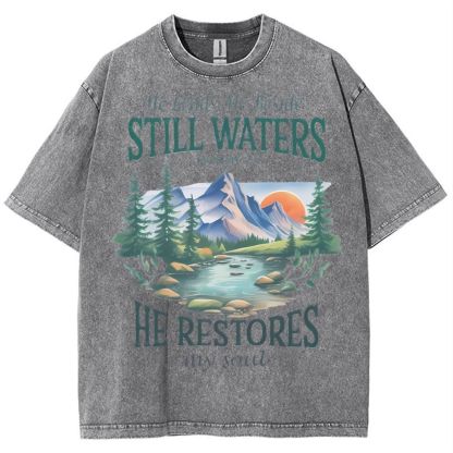 He Lead Me Beside Still Waters Snowflake Vintage Washed T-Shirt