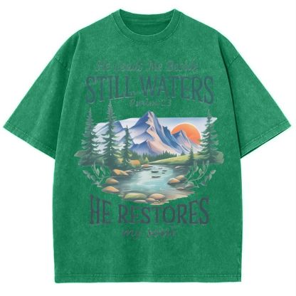 He Lead Me Beside Still Waters Snowflake Vintage Washed T-Shirt