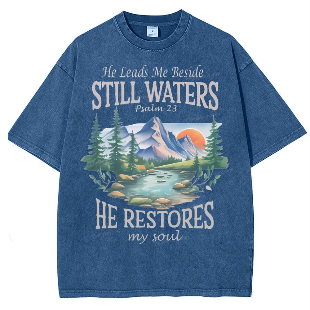 He Lead Me Beside Still Waters Snowflake Vintage Washed T-Shirt