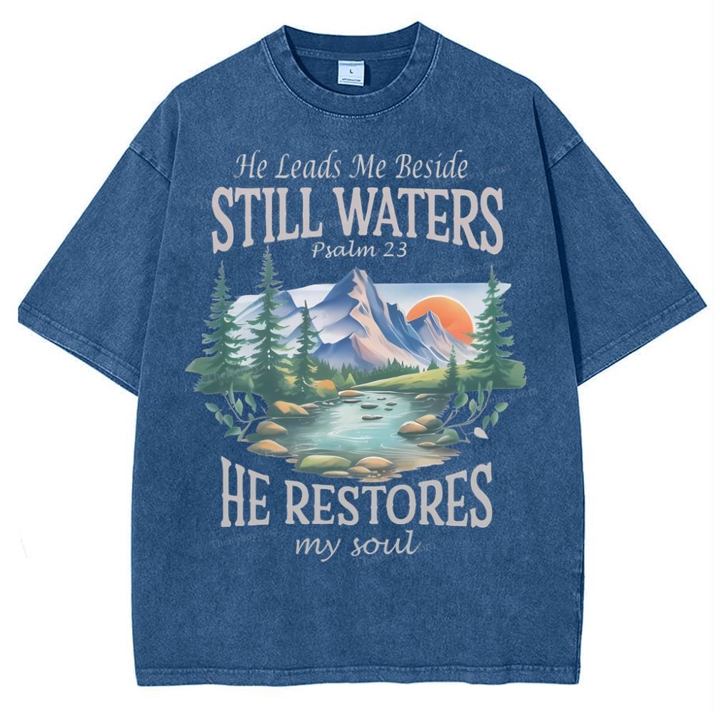 He Lead Me Beside Still Waters Snowflake Vintage Washed T-Shirt