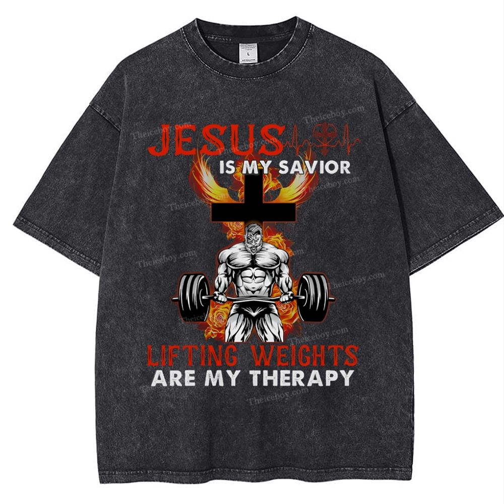 Jesus Is My Savior Lifting Weights Are My Therapy Snowflake Vintage Washed T-Shirt