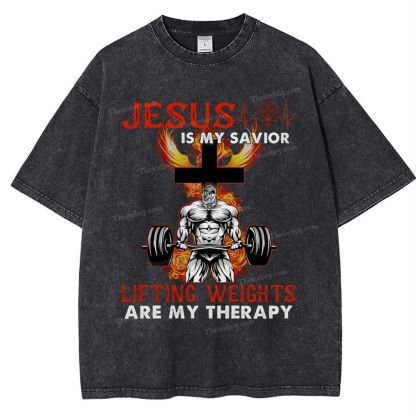 Jesus Is My Savior Lifting Weights Are My Therapy Snowflake Vintage Washed T-Shirt