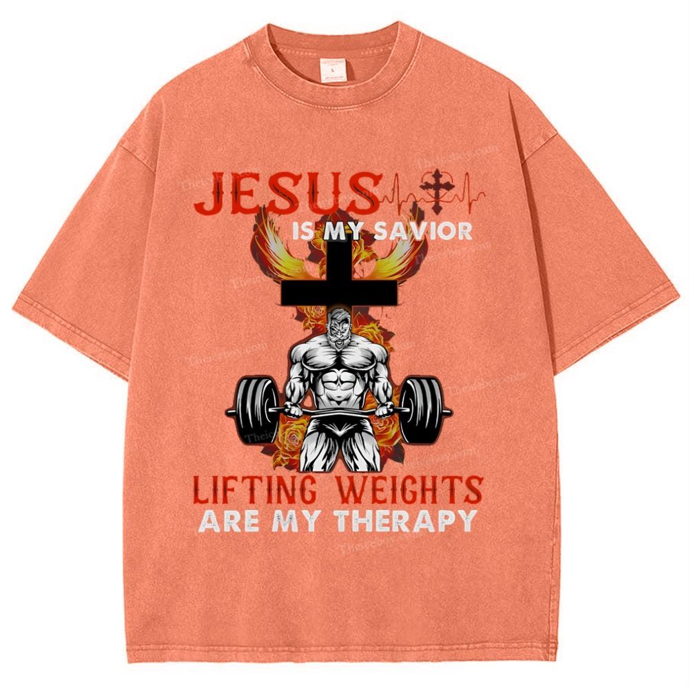 Jesus Is My Savior Lifting Weights Are My Therapy Snowflake Vintage Washed T-Shirt