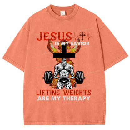 Jesus Is My Savior Lifting Weights Are My Therapy Snowflake Vintage Washed T-Shirt