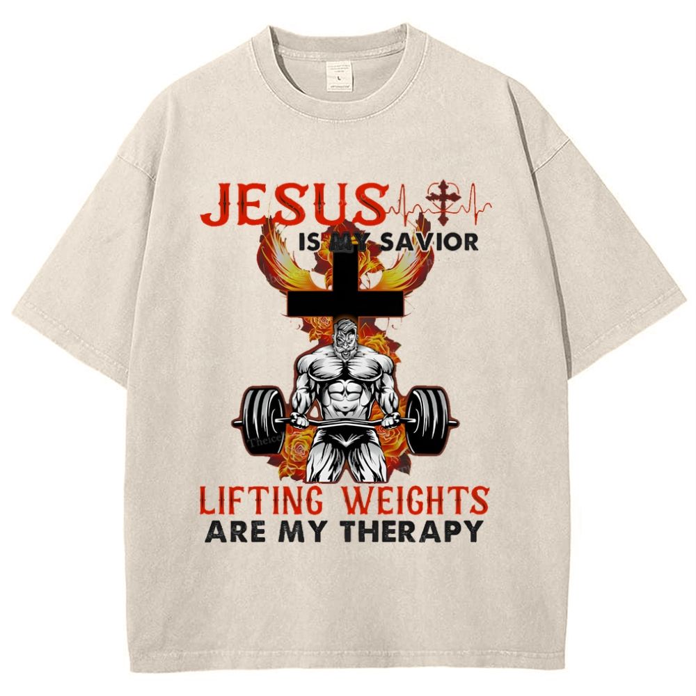 Jesus Is My Savior Lifting Weights Are My Therapy Snowflake Vintage Washed T-Shirt