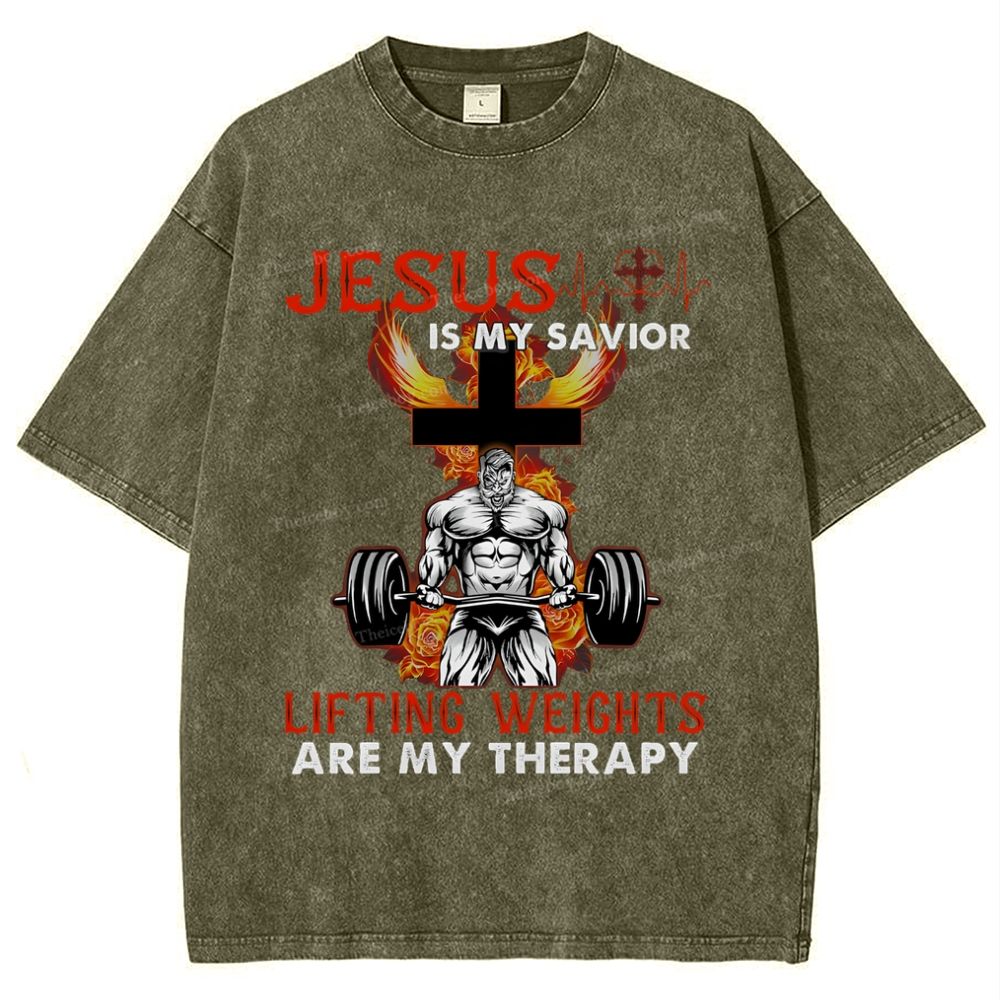 Jesus Is My Savior Lifting Weights Are My Therapy Snowflake Vintage Washed T-Shirt