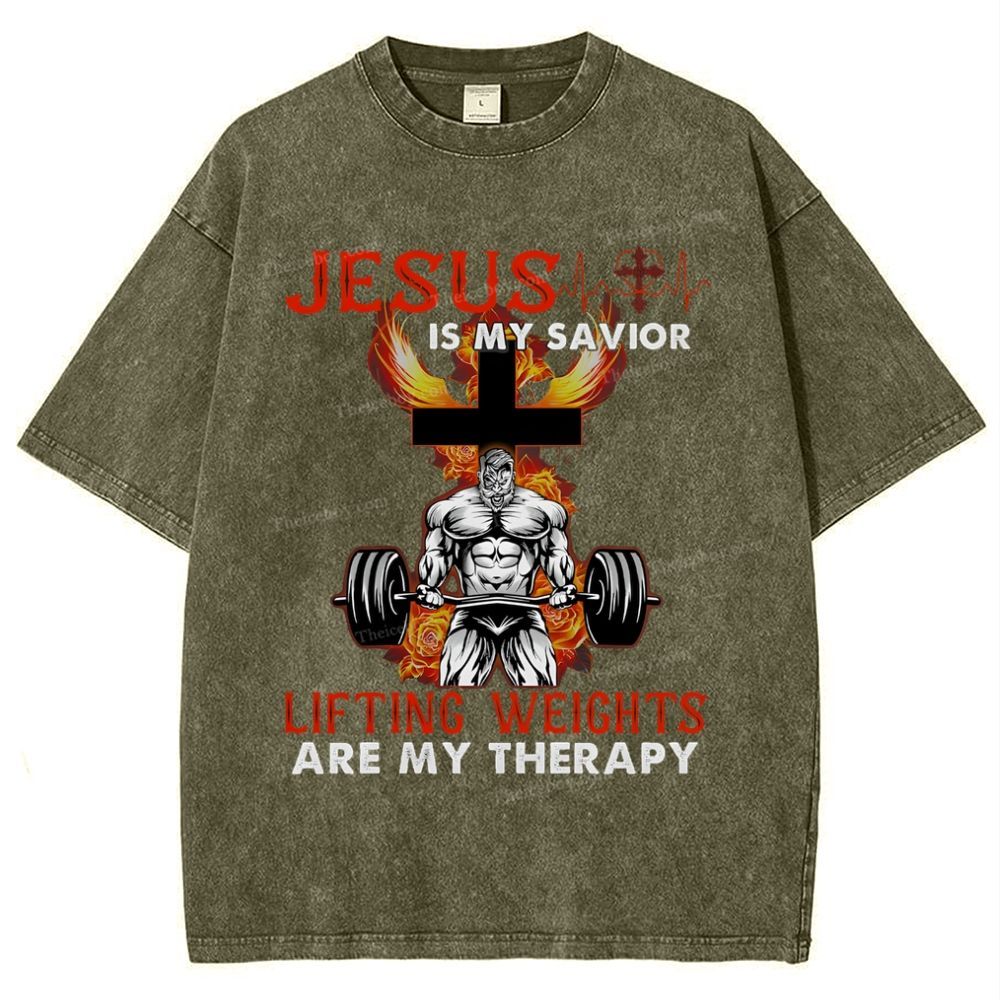 Jesus Is My Savior Lifting Weights Are My Therapy Snowflake Vintage Washed T-Shirt