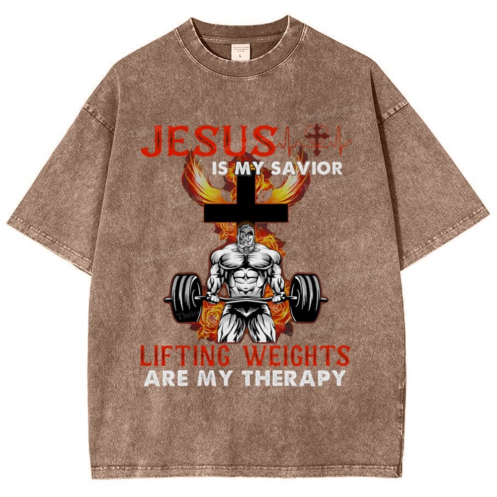 Jesus Is My Savior Lifting Weights Are My Therapy Snowflake Vintage Washed T-Shirt