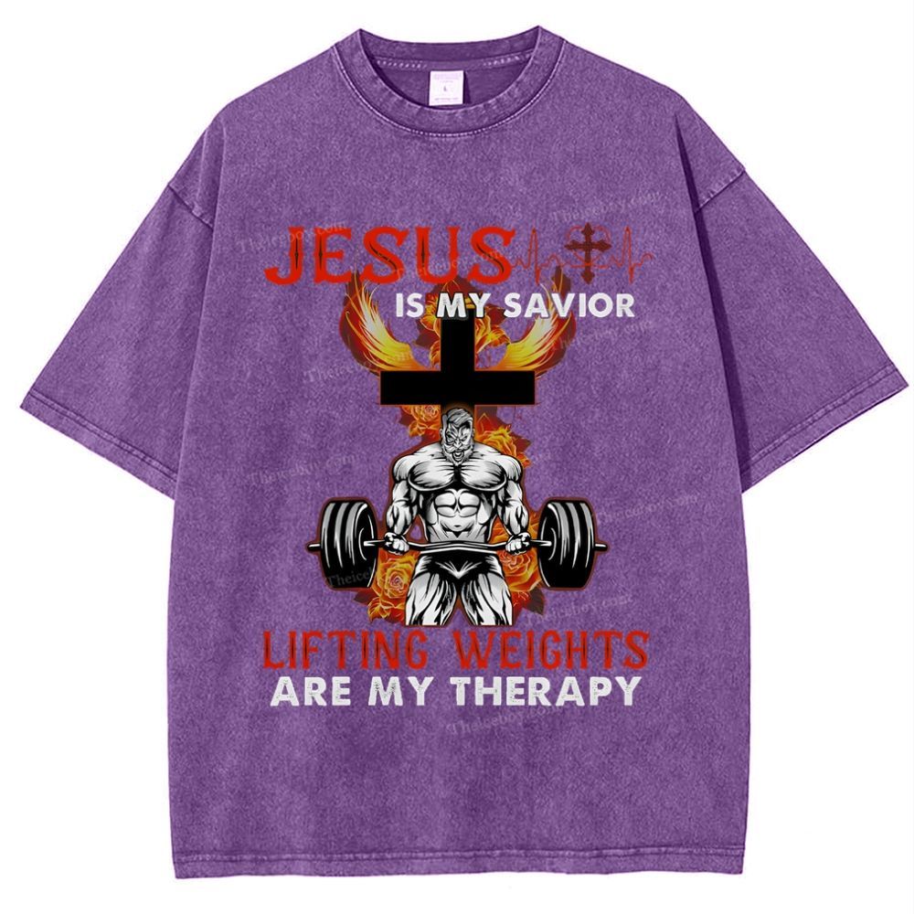 Jesus Is My Savior Lifting Weights Are My Therapy Snowflake Vintage Washed T-Shirt