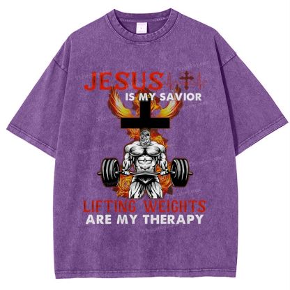 Jesus Is My Savior Lifting Weights Are My Therapy Snowflake Vintage Washed T-Shirt