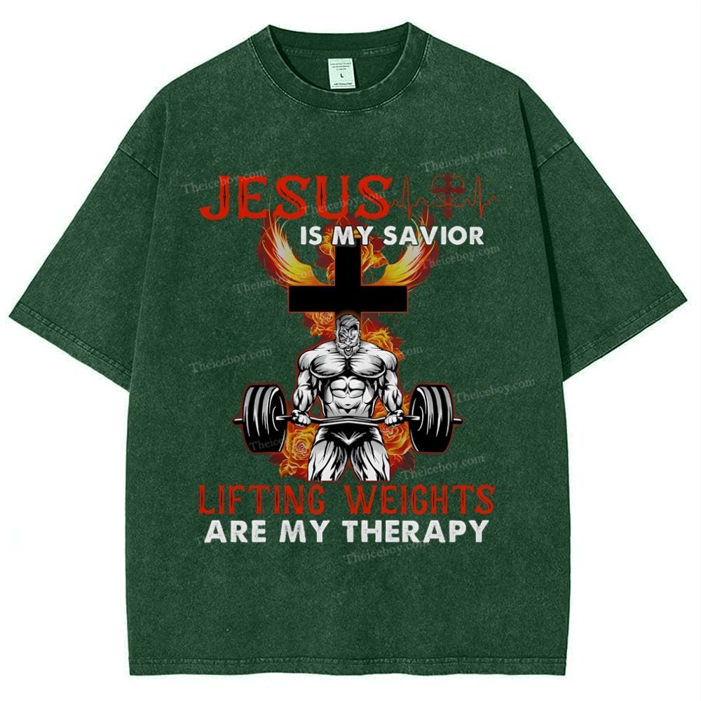 Jesus Is My Savior Lifting Weights Are My Therapy Snowflake Vintage Washed T-Shirt