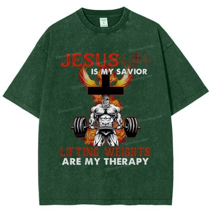 Jesus Is My Savior Lifting Weights Are My Therapy Snowflake Vintage Washed T-Shirt