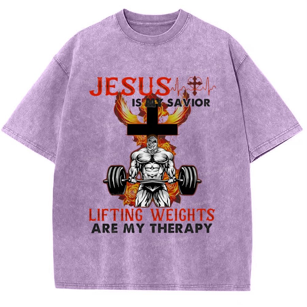 Jesus Is My Savior Lifting Weights Are My Therapy Snowflake Vintage Washed T-Shirt