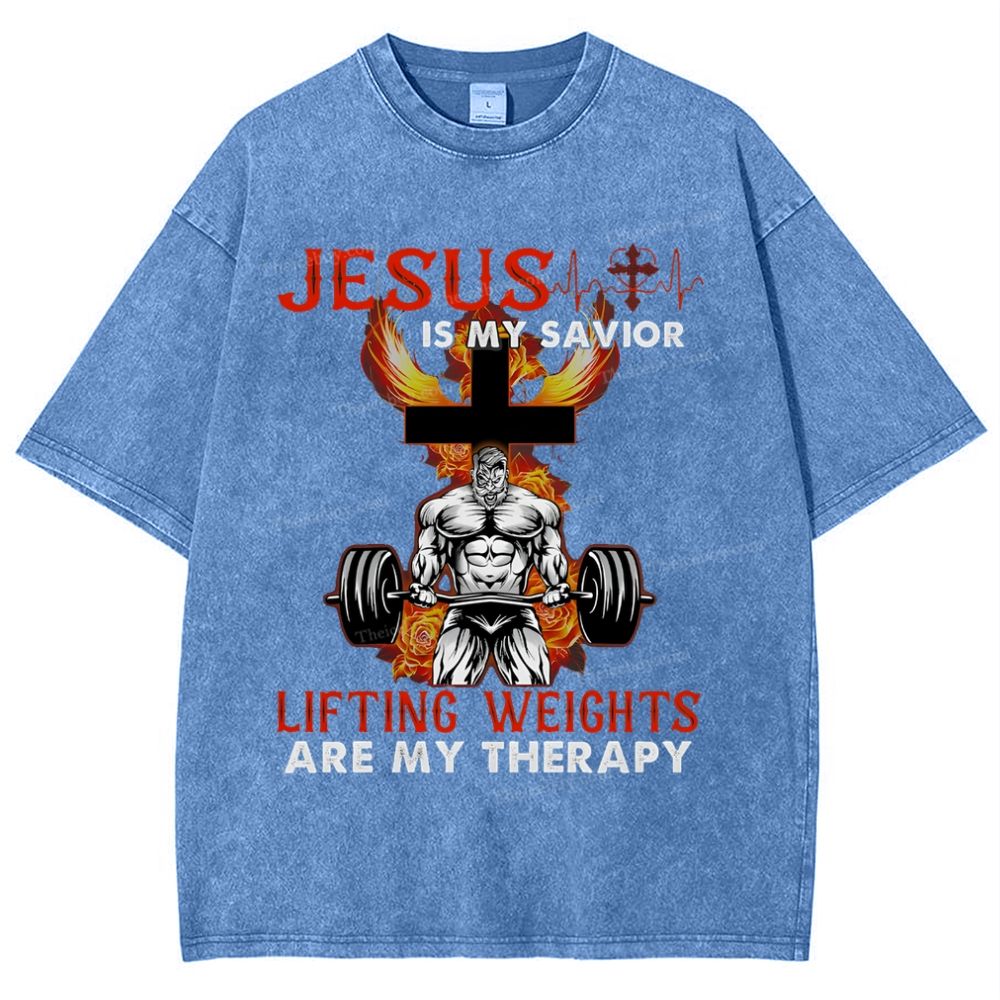 Jesus Is My Savior Lifting Weights Are My Therapy Snowflake Vintage Washed T-Shirt