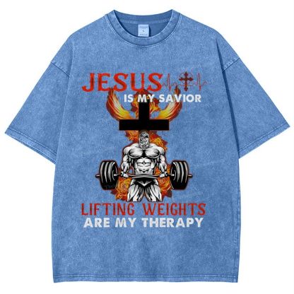 Jesus Is My Savior Lifting Weights Are My Therapy Snowflake Vintage Washed T-Shirt