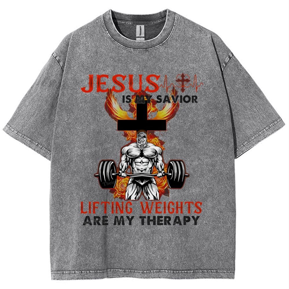 Jesus Is My Savior Lifting Weights Are My Therapy Snowflake Vintage Washed T-Shirt