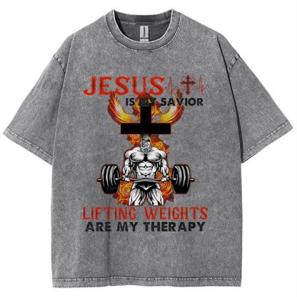 Jesus Is My Savior Lifting Weights Are My Therapy Snowflake Vintage Washed T-Shirt