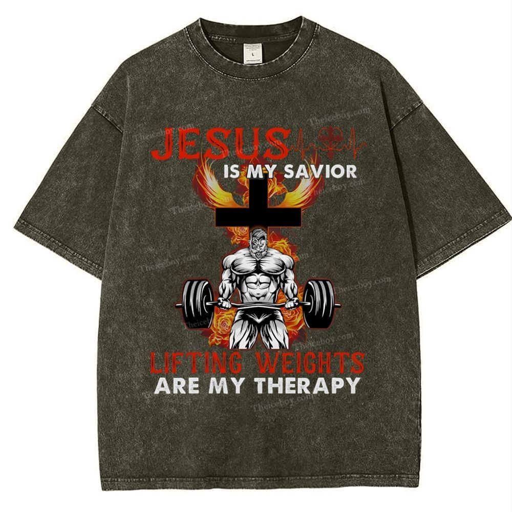 Jesus Is My Savior Lifting Weights Are My Therapy Snowflake Vintage Washed T-Shirt