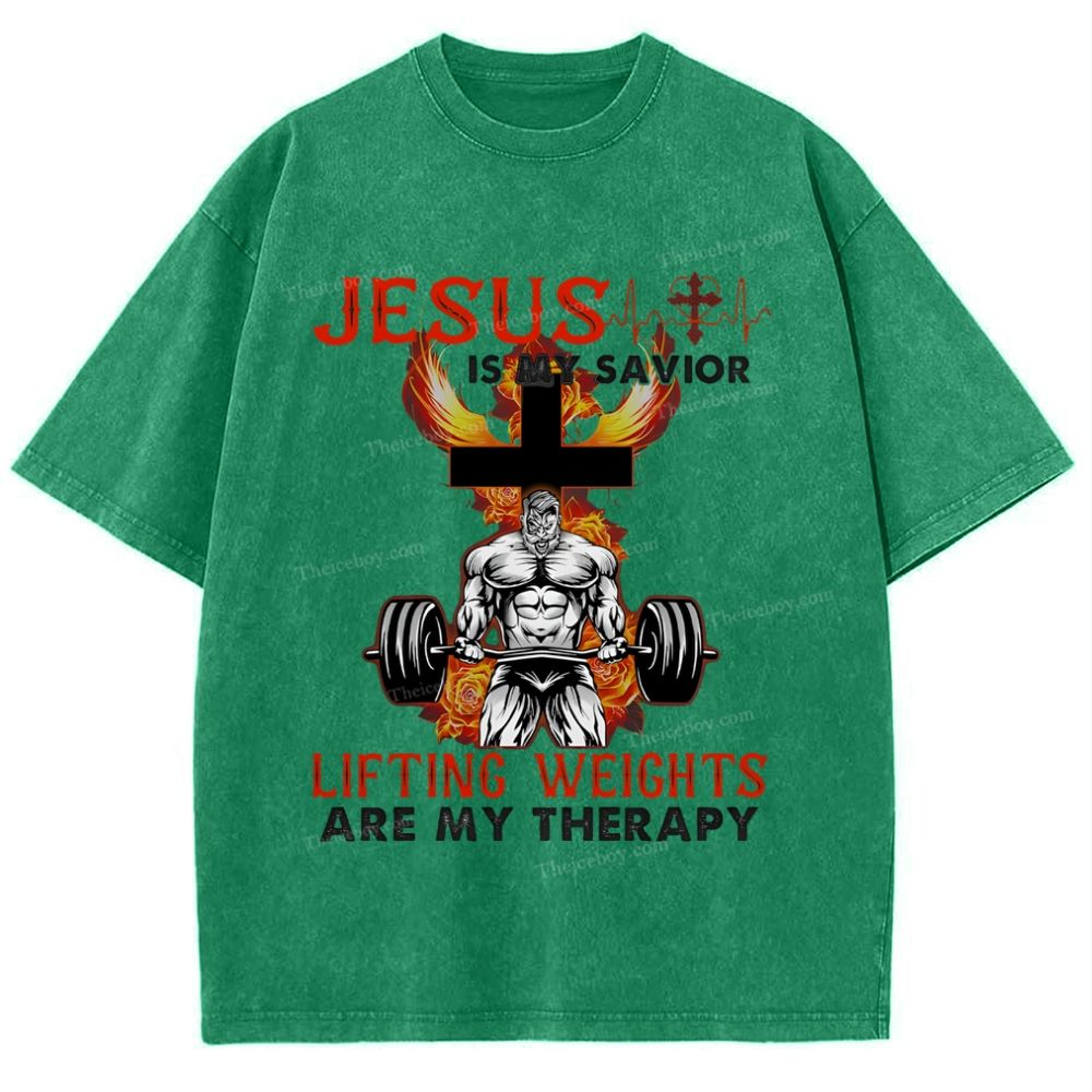 Jesus Is My Savior Lifting Weights Are My Therapy Snowflake Vintage Washed T-Shirt