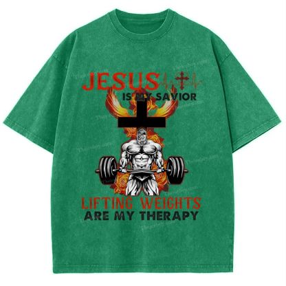 Jesus Is My Savior Lifting Weights Are My Therapy Snowflake Vintage Washed T-Shirt