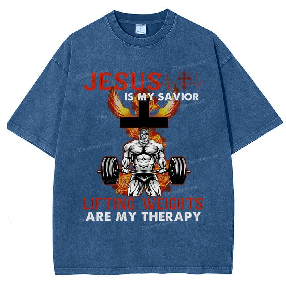Jesus Is My Savior Lifting Weights Are My Therapy Snowflake Vintage Washed T-Shirt