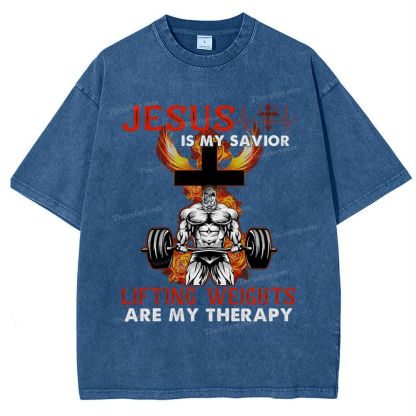 Jesus Is My Savior Lifting Weights Are My Therapy Snowflake Vintage Washed T-Shirt