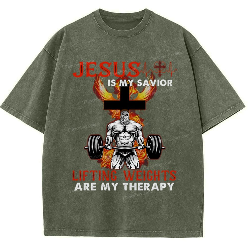 Jesus Is My Savior Lifting Weights Are My Therapy Snowflake Vintage Washed T-Shirt