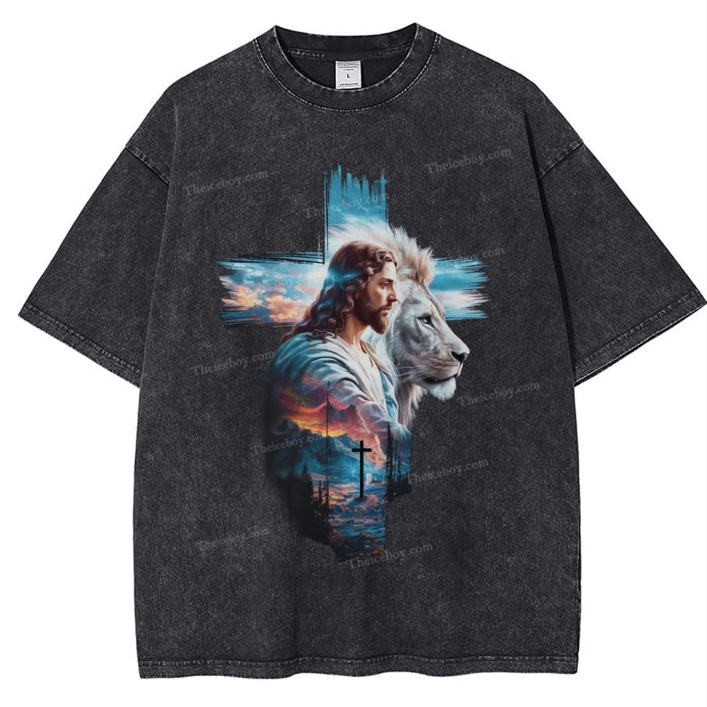 Cross Jesus Lion Snowflake Vintage Washed T-Shirt