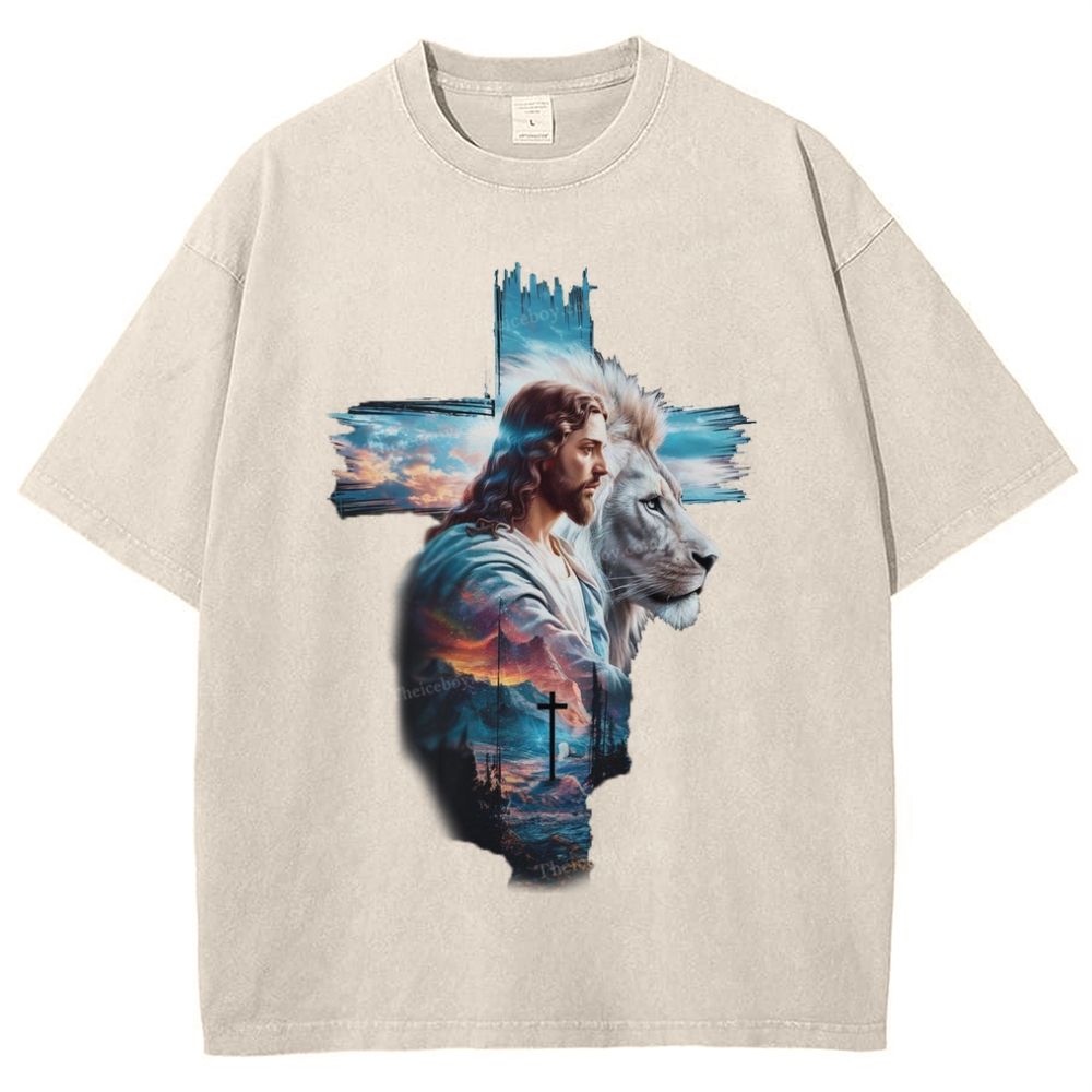 Cross Jesus Lion Snowflake Vintage Washed T-Shirt