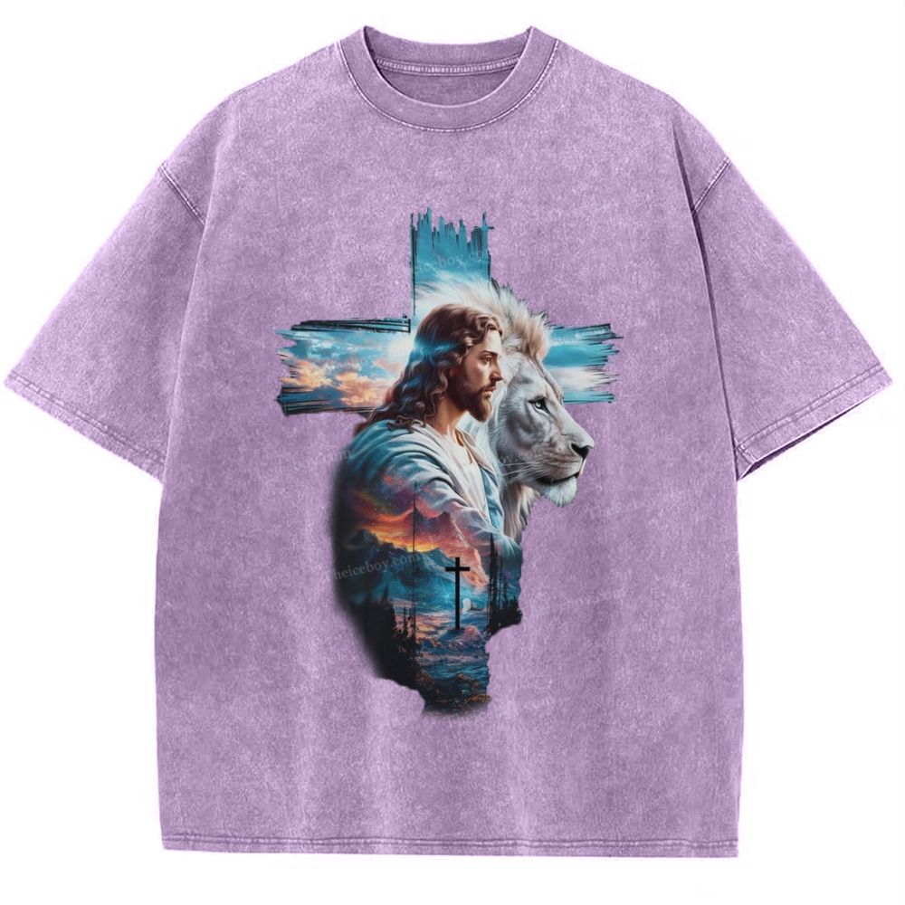 Cross Jesus Lion Snowflake Vintage Washed T-Shirt