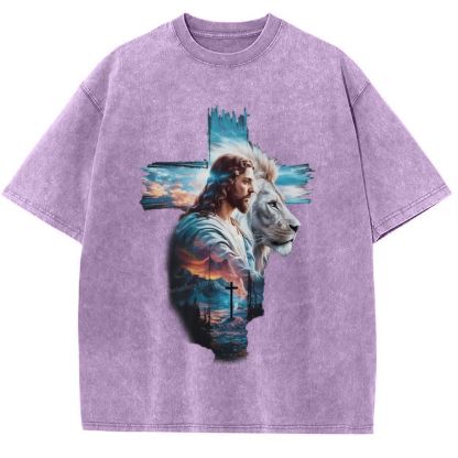 Cross Jesus Lion Snowflake Vintage Washed T-Shirt