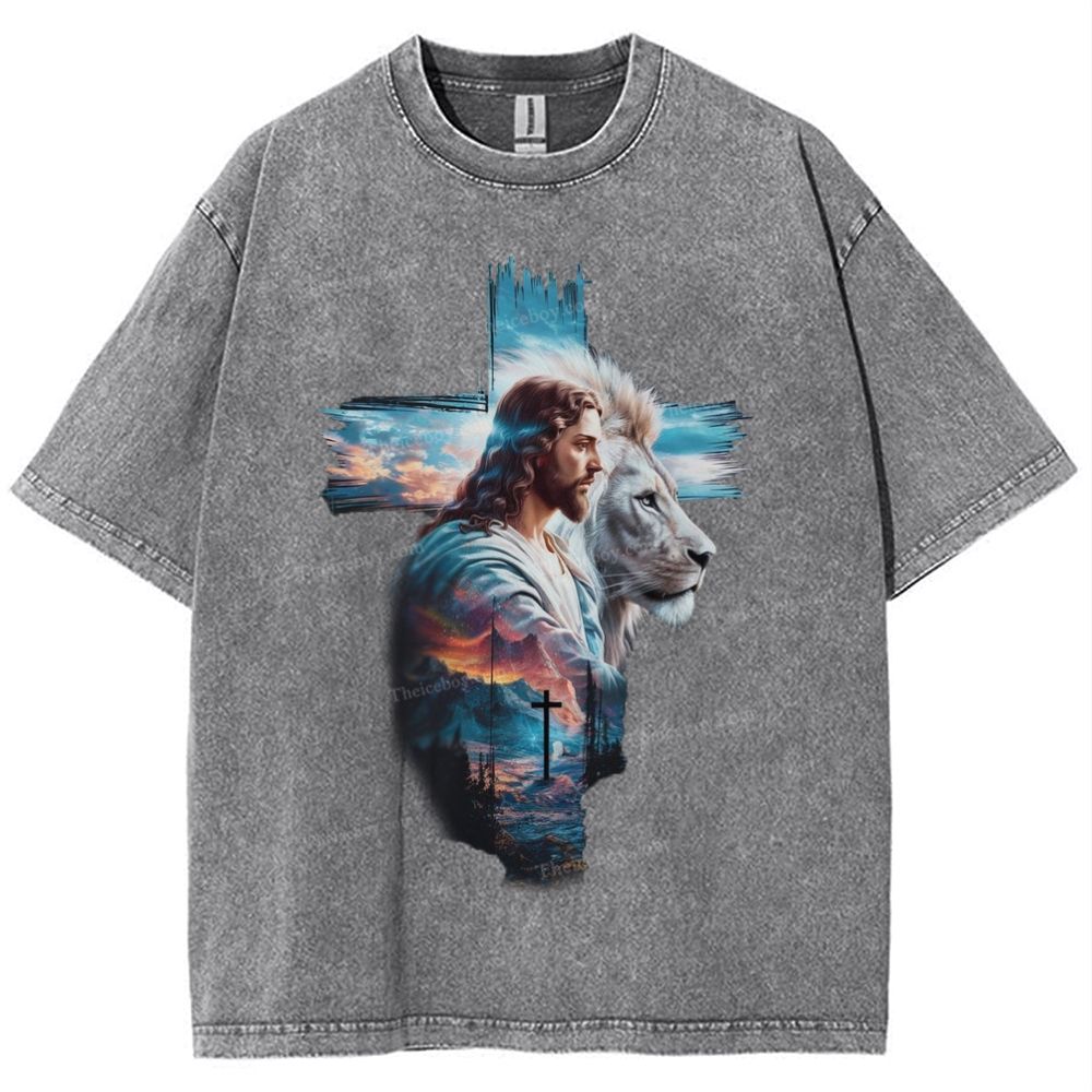 Cross Jesus Lion Snowflake Vintage Washed T-Shirt
