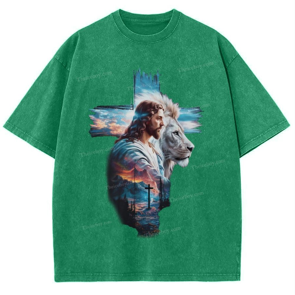 Cross Jesus Lion Snowflake Vintage Washed T-Shirt