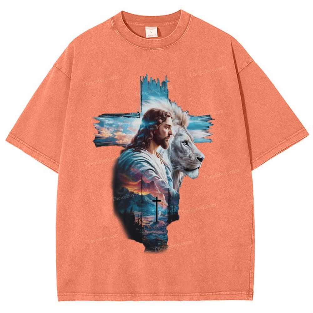 Cross Jesus Lion Snowflake Vintage Washed T-Shirt