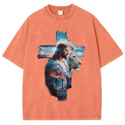 Cross Jesus Lion Snowflake Vintage Washed T-Shirt