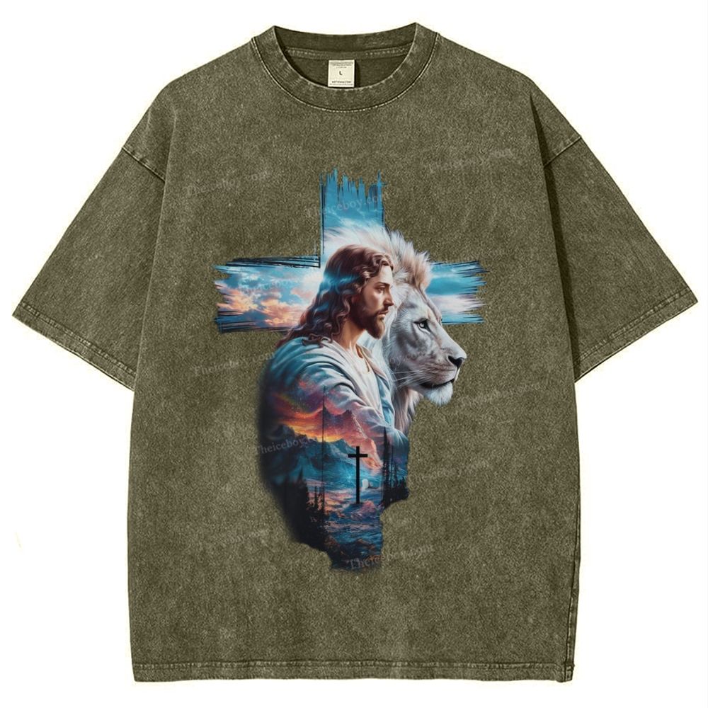Cross Jesus Lion Snowflake Vintage Washed T-Shirt