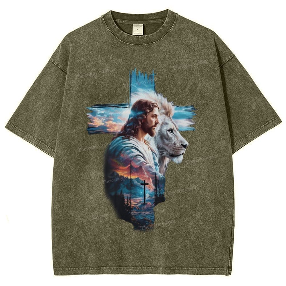 Cross Jesus Lion Snowflake Vintage Washed T-Shirt