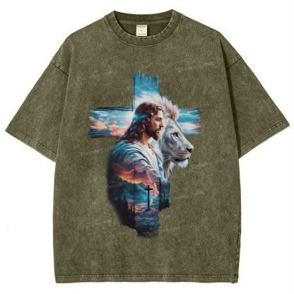 Cross Jesus Lion Snowflake Vintage Washed T-Shirt
