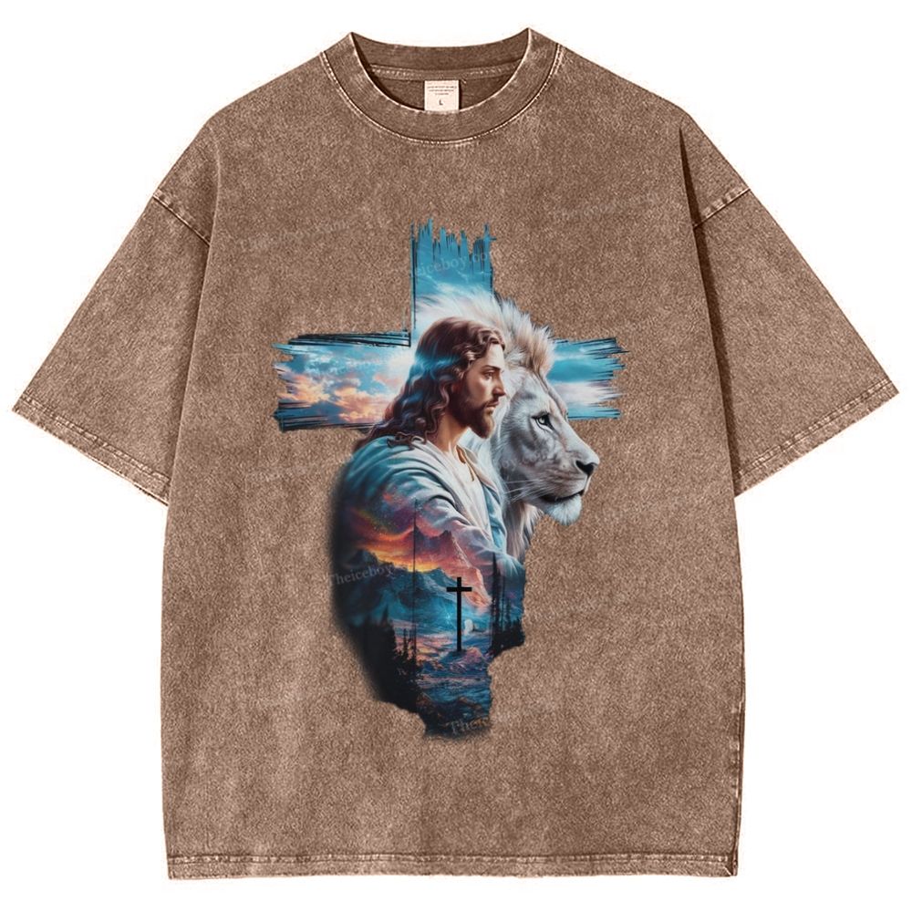 Cross Jesus Lion Snowflake Vintage Washed T-Shirt