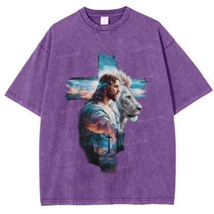 Cross Jesus Lion Snowflake Vintage Washed T-Shirt