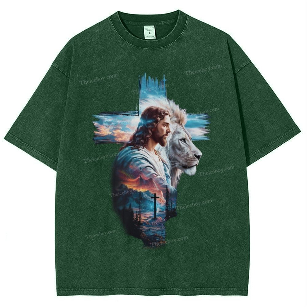 Cross Jesus Lion Snowflake Vintage Washed T-Shirt