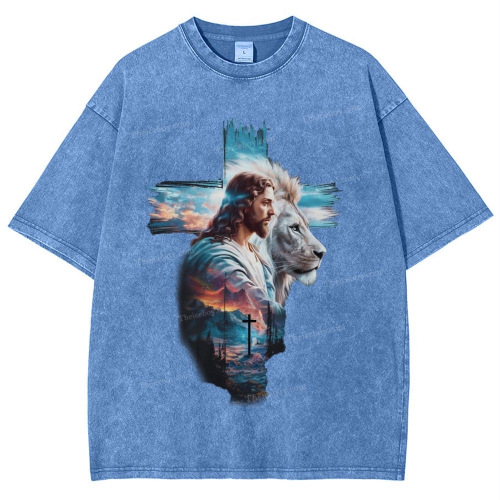 Cross Jesus Lion Snowflake Vintage Washed T-Shirt