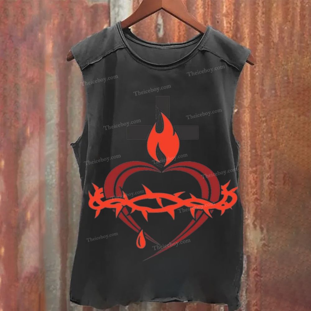 Print Heart Casual Washed Tank Top