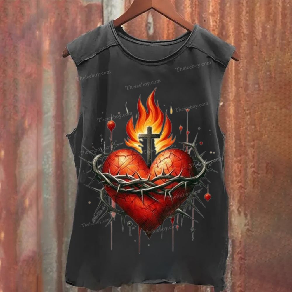 Casual Print Heart Washed Tank Top
