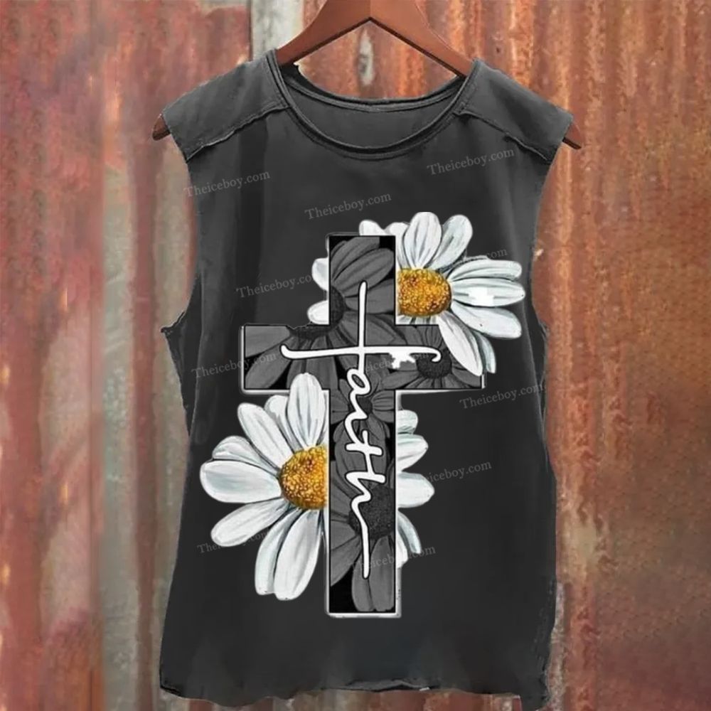 Christian Cross &Flower Casual Washed Tank Top