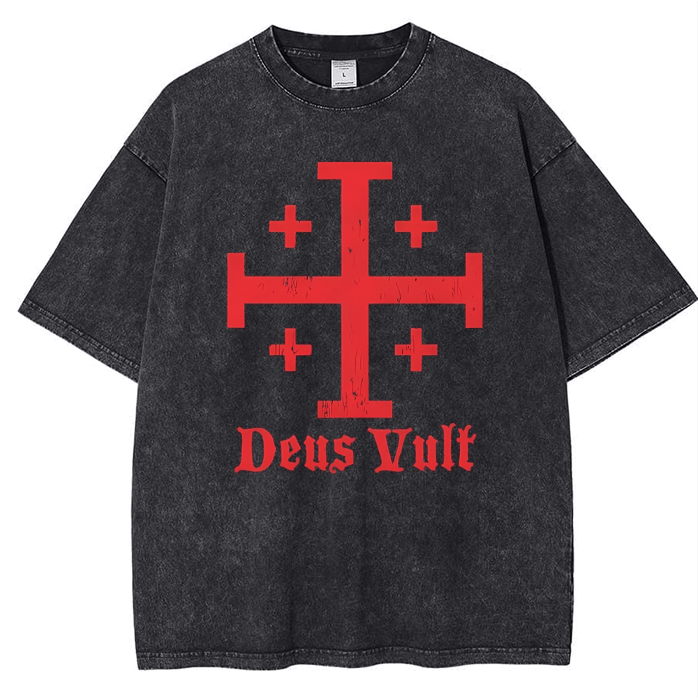 Jerusalem Cross Deus Vult Snowflake Vintage Cotton T-Shirt