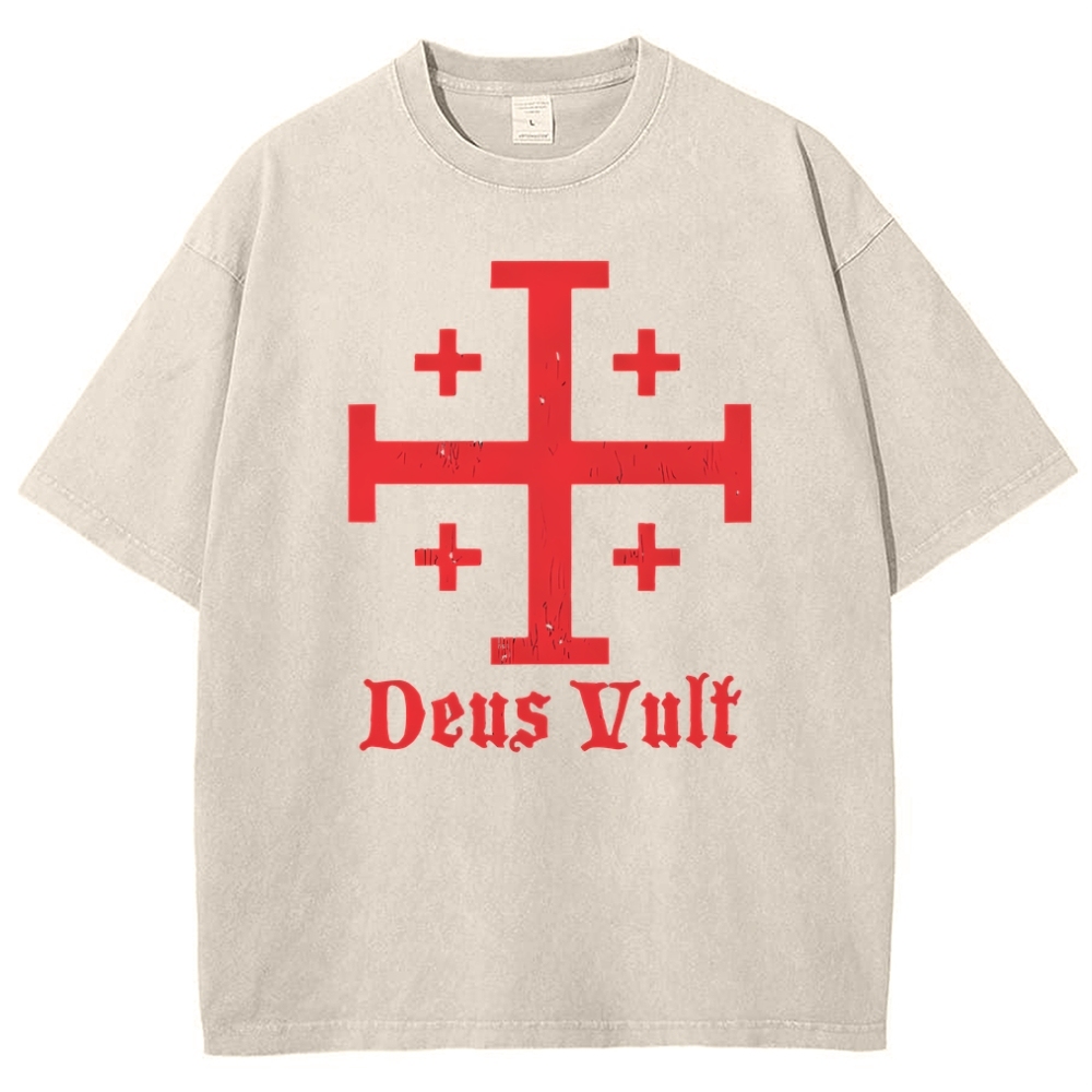 Jerusalem Cross Deus Vult Snowflake Vintage Cotton T-Shirt