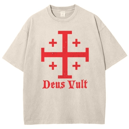Jerusalem Cross Deus Vult Snowflake Vintage Cotton T-Shirt