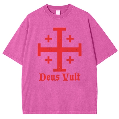 Jerusalem Cross Deus Vult Snowflake Vintage Cotton T-Shirt